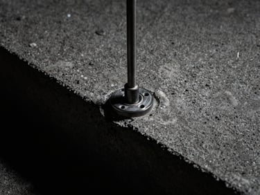 Macro detail shot of precision joint sealing on a concrete slab, high-contrast architectural lighting, sharp material textures, deep charcoal tones, 35mm film