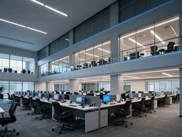 Wide structured architectural shot of a modern enterprise operations center, cool low-key studio lighting with sharp blue highlights.