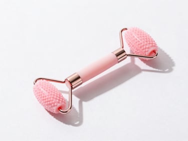 Bright high-key product photography of a pastel pink electric facial massage roller on a clean white background, soft shadows, sharp focus