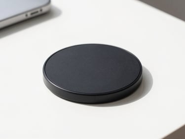 Bright high-key product photography of a sleek black circular wireless charging pad on a white desk, minimalist setup, crisp daylight