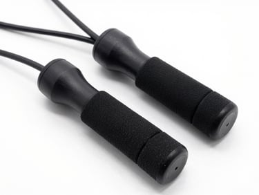 Close-up of an adjustable jump rope on a clean white background, bright studio lighting, sharp focus, 35mm