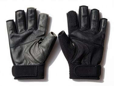 Pair of black ergonomic weightlifting gloves, palms facing up, on a white background, bright studio lighting, sharp focus, 35mm