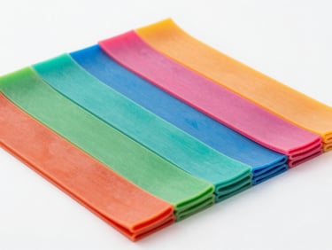Set of colorful resistance bands neatly stacked on a white surface, bright studio lighting, sharp focus, 35mm