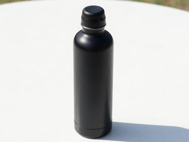 Bright high-key product photography of a modern matte black stainless steel sports water bottle on a clean white surface, crisp natural daylight, sharp focus