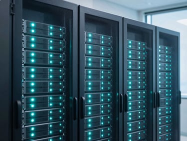 Modern server rack glowing with teal LED lights in a secure Indian data center, clean tech photography, 35mm