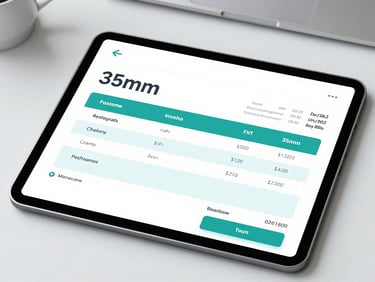 A clean UI mockup of a transparent billing invoice on a sleek tablet, overhead desk setup, 35mm