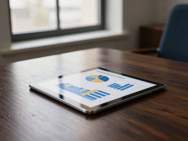 Sober financial office interior, polished dark wood table reflecting soft window light, clean financial charts on a tablet, editorial corporate photography