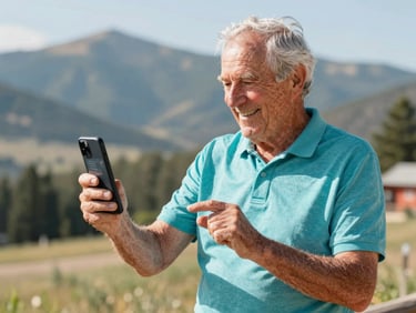 An older gentleman smiling proudly while showing a digital flyer on his smartphone, sunny outdoor Colorado setting with soft mountain background.