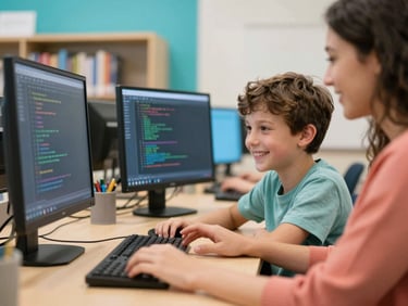 A smiling young boy in a library learning coding with a mentor, hands-on guidance, bright colorful screens, authentic and happy.