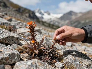 Close-up of a field scientist examining a rare alpine botanical specimen in situ, rugged mountain terrain, crisp daylight.