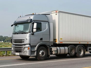 Side angle of a commercial semi-truck cab with heavy front-end damage on a highway shoulder, natural daylight, no drivers, evidence-style documentary framing