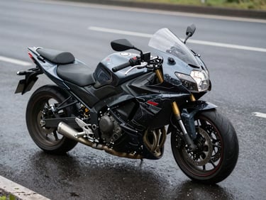 Close-up of a downed motorcycle on wet pavement after an accident, overcast ambient light, scratched fairings and a bent wheel visible, no riders, documentary framing