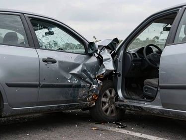 Wide shot of a crumpled car door after a collision, natural overcast daylight, close-up of crumpled metal and shattered window glass on asphalt, no people visible