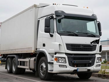 Close documentary frame of a commercial truck cab with a damaged front grille at an accident scene, natural overcast daylight, no people, case-evidence style photography