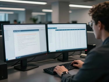 Medium shot from above of a person focused at a dark desk with two monitors showing CRM data and call logs, cool fluorescent office lighting, late-night empty office visible in background, no eye contact with camera