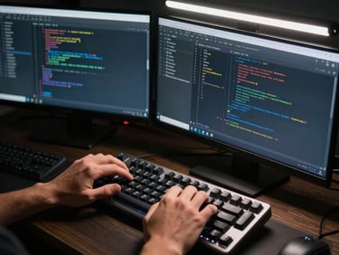 Overhead close-up of a developer's hands on a mechanical keyboard, dual monitors showing a dark-themed web UI with code panels and a live preview, cool fluorescent overhead light, precise and technical framing