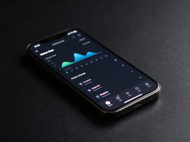Close-up of a smartphone in a dark studio, screen showing a native app dashboard with clean dark UI, data charts and status indicators, high-contrast studio lighting, no hands, phone resting on matte black surface
