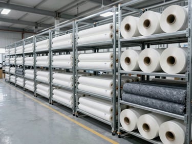 Wide-angle industrial photography of an organized modern textile factory warehouse with rolls of fabric stacked on tall steel racks, bright daylight, sharp focus