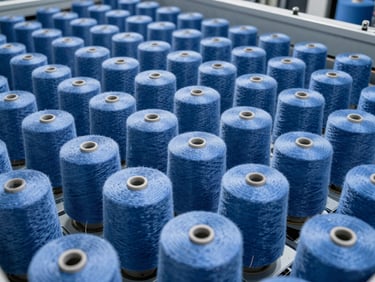 Industrial macro photography of blue technical yarn spindles arranged in a precise grid on an industrial weaving machine, cool daylight, sharp focus
