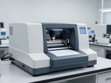 Industrial photography of a high-precision textile laboratory with color matching spectrophotometer under clean white light, sharp focus