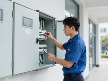Uniformed maintenance technician checking electrical panel in a modern commercial building, clean natural daylight, crisp cool tones, sharp focus, professional architectural framing.