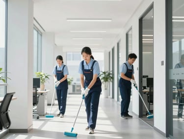Professional uniformed cleaning staff performing daily office cleaning, bright modern office interior, clean natural daylight, crisp cool tones, sharp focus, professional architectural framing.