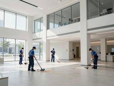 Uniformed cleaning staff performing deep cleaning after construction, dust covers removed, modern commercial building interior, clean natural daylight, crisp cool tones, sharp focus, professional architectural framing.