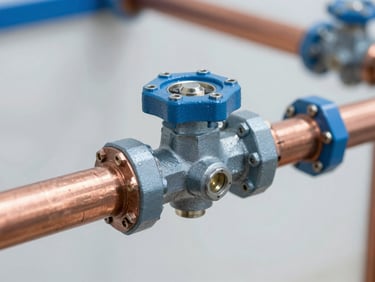 Close-up of clean copper plumbing pipes and valves, bright utility light, technical precision