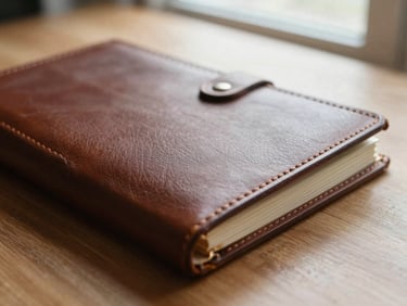 Close-up of a hand-stitched leather journal on a wooden desk, soft natural window light emphasizing texture, rich textured tones, shallow depth of field, 35mm