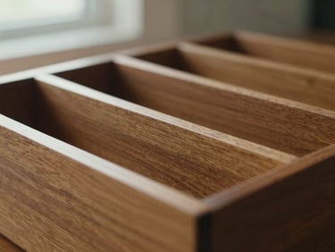 Close-up of a polished wooden desk organizer with subtle grain, soft natural window light, rich textured tones, shallow depth of field, 35mm