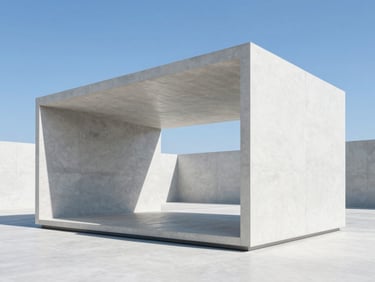 Modern minimalist architectural concrete pavilion with sharp shadows, bright daylight, blue sky reflection, 35mm