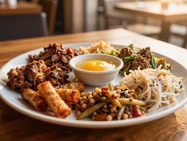 Close-up of a beautifully plated Halal meal in a sunlit European cafe, warm golden light, focus on the food.