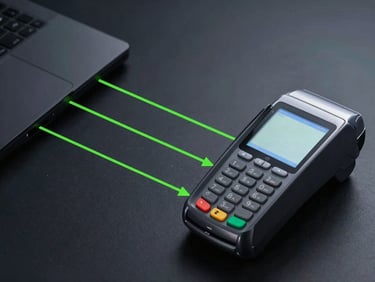 Sleek technical diagram of local data flow between a POS monitor and a physical card terminal, neon green signal paths, high-contrast dark slate background, sharp focus