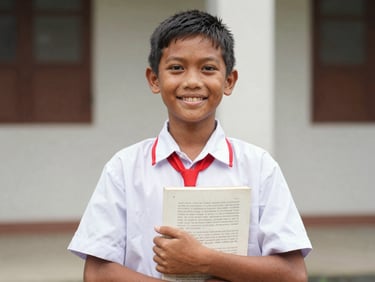 Dignified eye-level portrait of a 10-year-old Indonesian boy in a white and red elementary school uniform, holding a textbook, smiling warmly, natural daylight