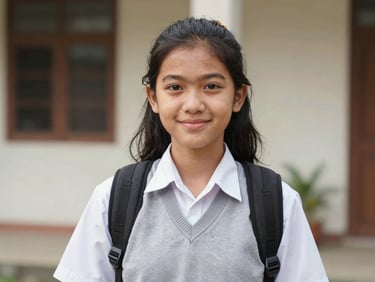 Dignified portrait of a 16-year-old Indonesian girl in a grey and white high school uniform, smiling confidently with a backpack