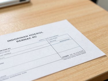 A clean, high-quality photograph of an official Indonesian school tuition receipt with a blue ink stamp, placed on a light wooden desk, warm side lighting, sharp focus on the printed text, 35mm