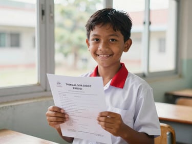 Eye-level medium shot of an Indonesian schoolchild in a clean white and red uniform, smiling proudly while holding a school report card, bright natural daylight from a classroom window, shallow depth of field, 35mm