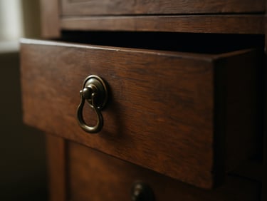 Close-up of a wooden dresser drawer slightly open, brass pull hardware with patina, natural side window light, quiet and still