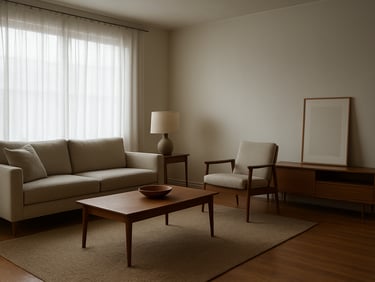 Wide shot of a furnished living room interior, near-empty, afternoon diffuse light through gauze curtains, objects arranged as if for documentation