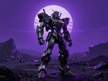 High-contrast game art of a lone mech standing in a desolate obsidian wasteland under a violet sun, dramatic backlighting, cinematic composition