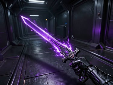 Dramatic gameplay capture of a fast-paced cybernetic action game, electric purple sword trail slashing across a dark metallic corridor, high contrast shadows