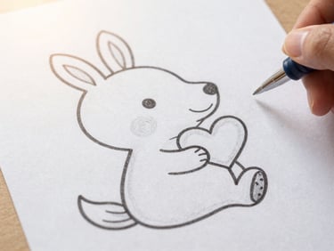 Overhead shot of a hand-drawn Herbie Heart coloring page, uncolored, with a small Herbie holding a tiny heart, showing the tactile paper texture and gentle pencil strokes, soft light.