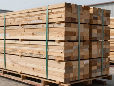 A neat container-load of building materials, packed, strapped, and ready for export shipment, bright even lighting