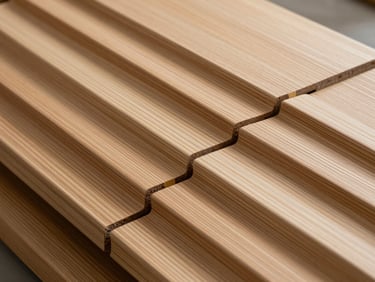 Fluted Great Wall panels in natural wood finish, deep ridges, technical close-up showing interlocking joints