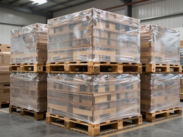 Neatly stacked and shrink-wrapped building material pallets in a bright modern warehouse, ready for export