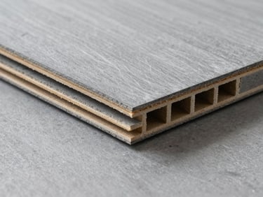 Clean cross-section of PE flooring plank showing tongue-and-groove profile, uniform slate gray, bright technical lighting