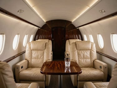 Cinematic wide-angle interior shot of an empty luxury business jet cabin, soft cream leather detailing, warm overhead reading lights, mahogany folding table with a crystal glass.