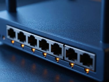 Close-up macro shot of a sleek physical network router interface, cool blue ambient light with sharp orange LED indicator lights glowing on the ports, high-contrast shadows, shallow depth of field.