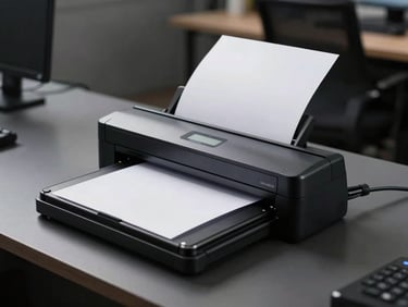 A clean physical workspace featuring a high-speed document scanner, a dark gray desk surface, and structured cable routing under dim, focused office lighting