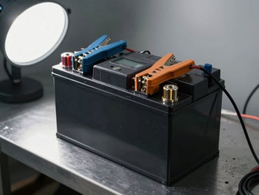 Battery tester clamps on sealed lead-acid UPS battery terminals, digital readout visible, battery on metal bench surface under white work light